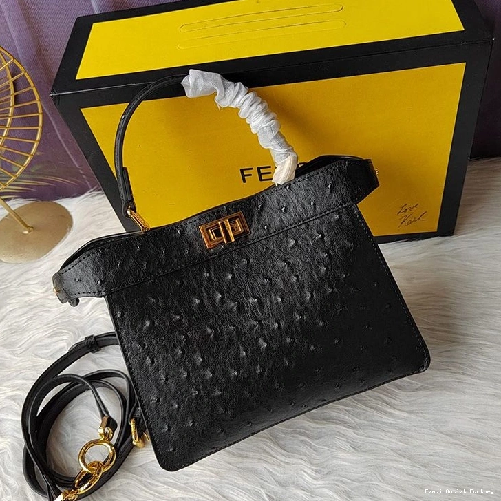 Vintage HOT Peekaboo Bag Ostrich In Fendi Petite ISeeU Black Leather 0819